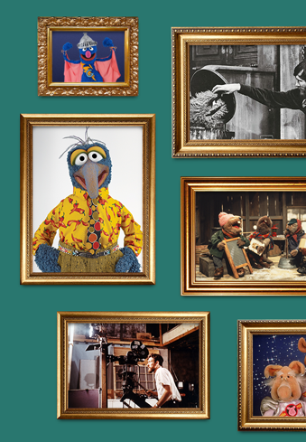collection of randomly placed gold picture frames with images of Jim Henson and puppets